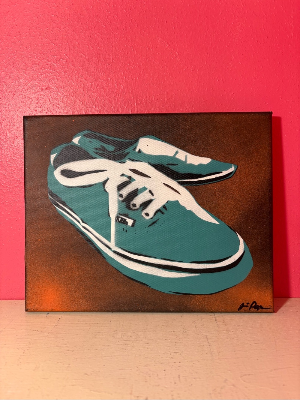 Original Vans Stencil Art * Teal & White Sneaker Painting on Canvas Jessica Pope